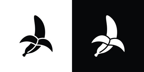 Peeled banana icons set. Black and white silhouette collection