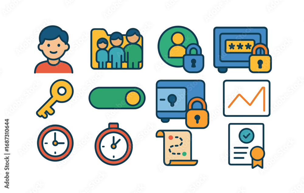 Aufkleber security and privacy icon set. flat style for data protection and privacy