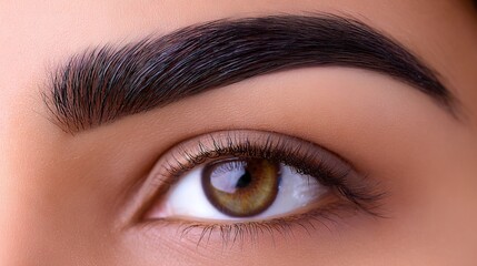 Obraz premium Close-up of a beautiful eye showcasing intricate details, including well-groomed eyebrows and captivating iris colors, emphasizing beauty and personal care in a stunning portrait