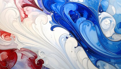 Abstract Swirling Blue, White, and Red Fluid Art Pattern.