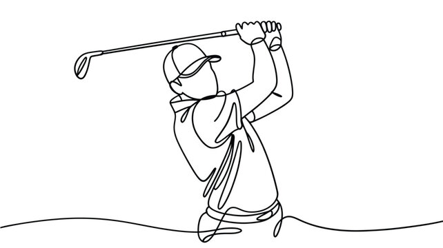 One line drawing of a golfer swinging a club in motion