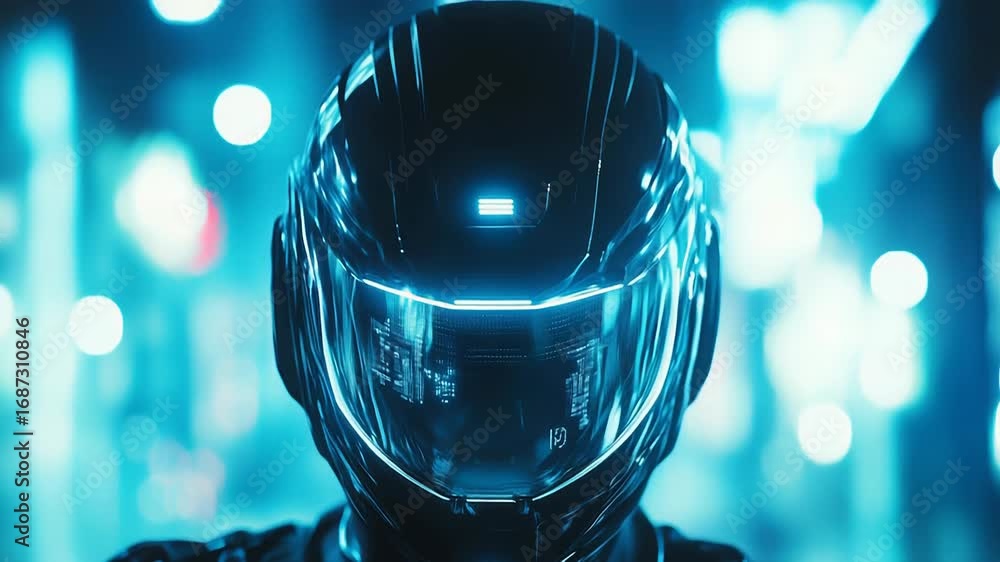 Poster astronaut wearing futuristic helmet with hud display exploring new planet