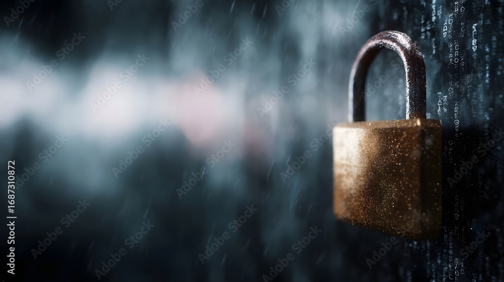 Poster golden padlock secures digital binary code background with rain effect symbolizing cybersecurity and