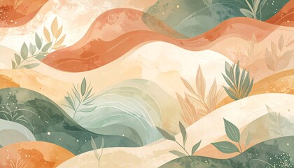 Abstract Watercolor Landscape with Organic Hills, Earthy Tones, and Stylized Foliage.