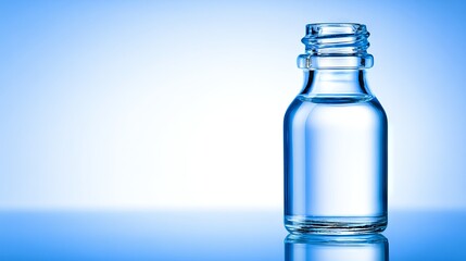 Clear glass bottle filled with water, reflecting light on a smooth surface, against a soft blue gradient background, showcasing purity and simplicity in design