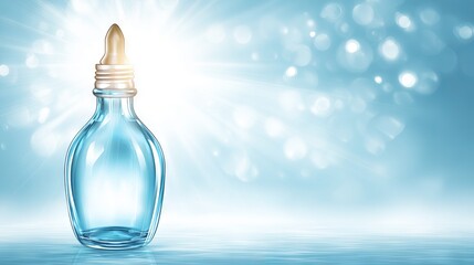 Transparent glass bottle with a golden cap, illuminated by soft light, set against a dreamy blue background, creating an ethereal and calming atmosphere for design purposes