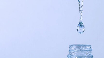 Clear water droplet suspended above a glass bottle, capturing the moment of falling drop, showcasing purity and freshness in a minimalistic setting with soft blue background