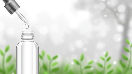 Transparent dropper bottle with pipette dispensing liquid, surrounded by soft green foliage and blurred background, creating a fresh and natural atmosphere for wellness products