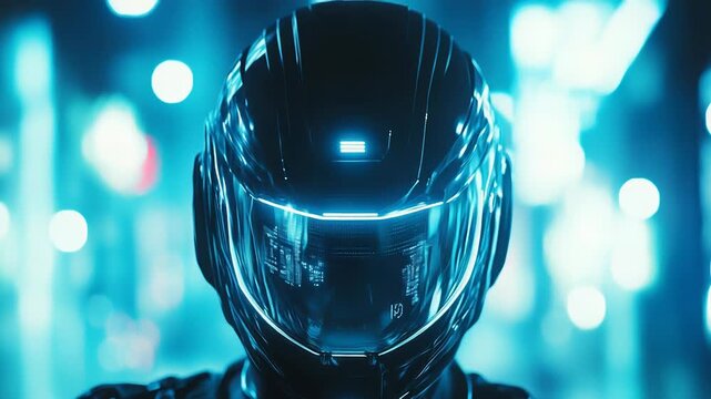 Astronaut wearing futuristic helmet with hud display exploring new planet