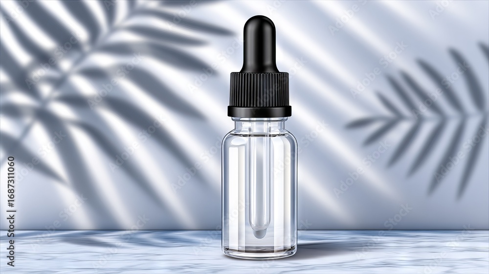 Poster clear glass dropper bottle with black lid placed on marble surface, casting soft shadows from palm l