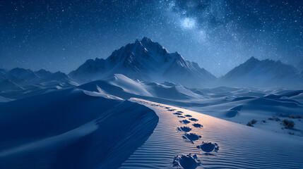 Footprints in the snow leading towards mountains under a night sky.