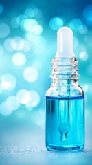 Transparent glass dropper bottle filled with blue liquid, placed against a blurred blue bokeh background, showcasing beauty product for skincare and wellness applications