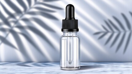 Clear glass dropper bottle with black lid placed on marble surface, casting soft shadows from palm leaves, creating a serene and elegant atmosphere for product display