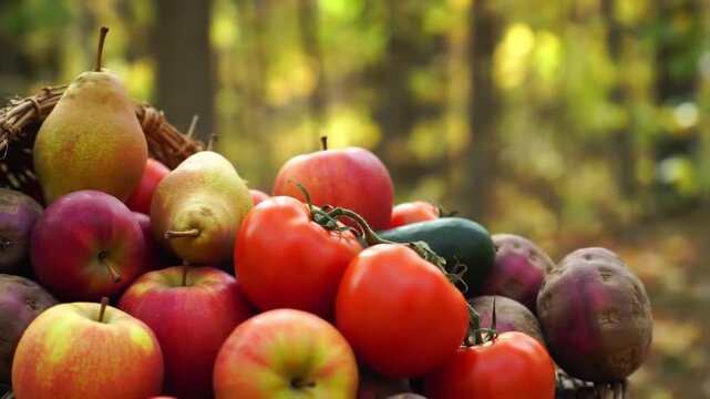 Traditional cornucopia horn filled with abundant fruits and vegetables with a festive and grateful mood against an autumn forest background with copy space