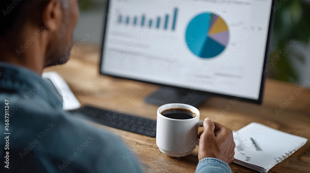Poster Professional analyzes financial data and investment charts on computer with coffee and notes
