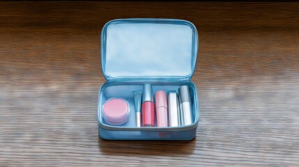Open blue cosmetic bag containing various beauty products including lipsticks, a cream jar, and applicators, arranged neatly on a wooden surface for an organized appearance