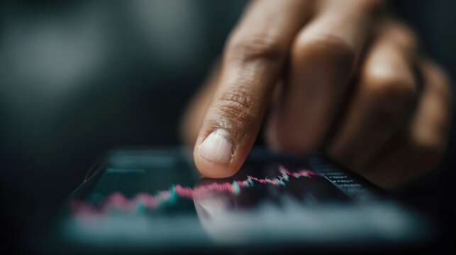 Close up of a person s finger interacting with a financial trading chart displayed on a smartphone screen symbolizing investment analysis