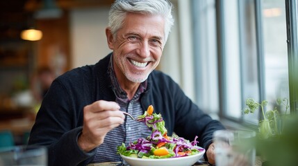 Senior Man Enjoying a Salad in a Bright Restaurant