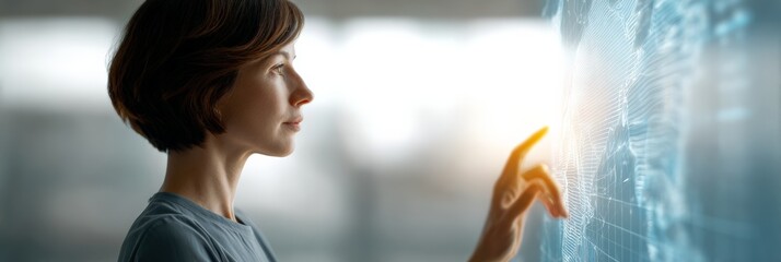 Project manager interacting with holographic interface displaying global network data visualization, representing innovative technology in business and data analysis