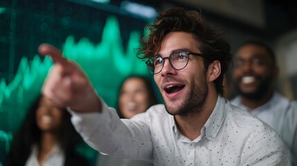 Excited man pointing at green chart team celebrating success in the background