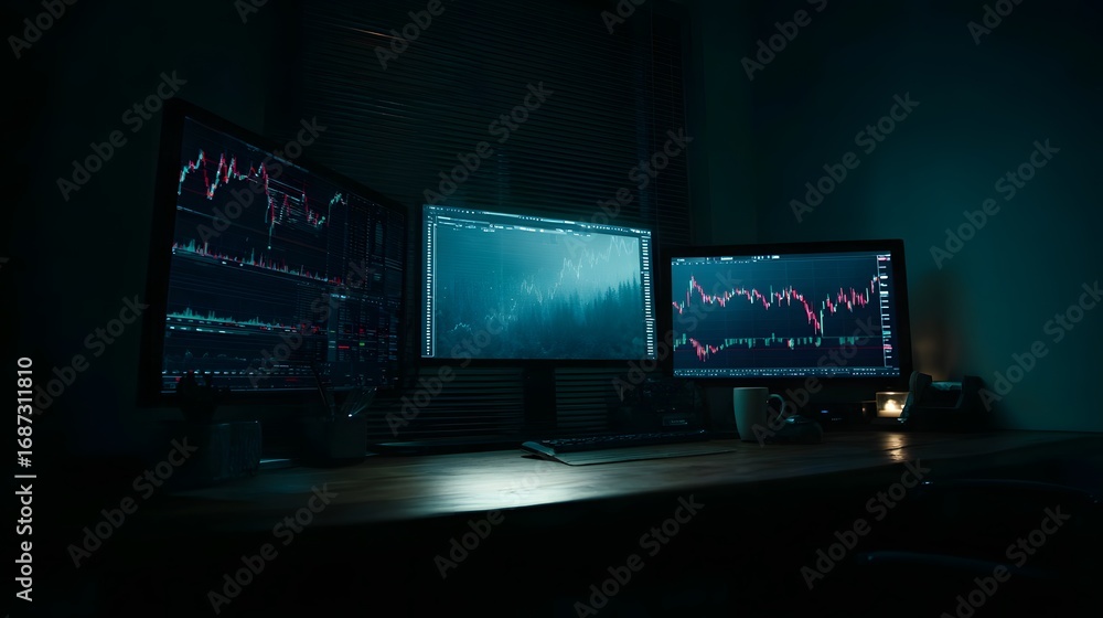 Poster a dimly lit workstation features multiple monitors displaying financial charts and data for nighttim