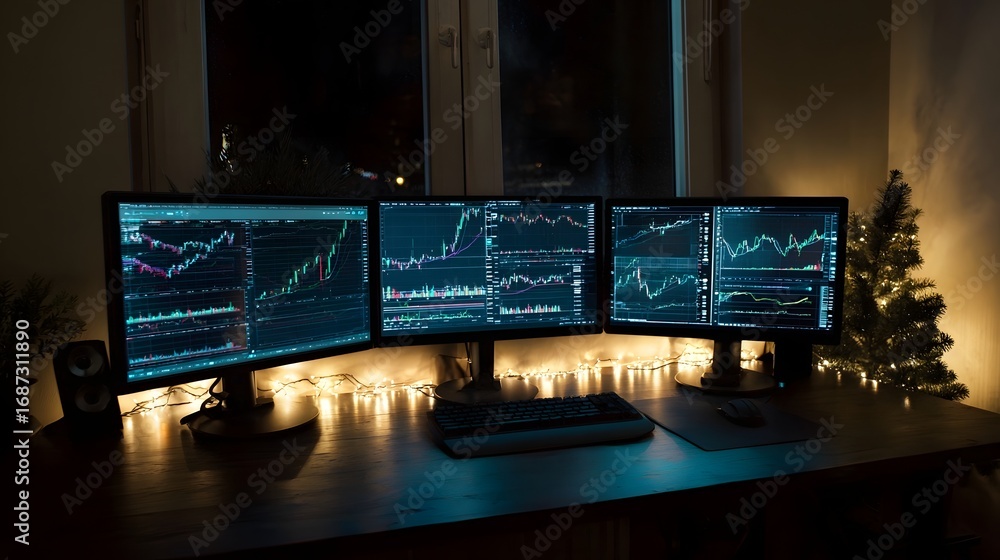 Poster a dimly lit trading workstation displays financial charts across multiple monitors complemented by f