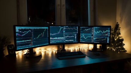 A dimly lit trading workstation displays financial charts across multiple monitors complemented by festive holiday lights and a small Christmas tree
