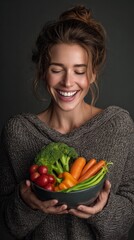 Cheerful Woman Holding Bowl Full of Fresh Organic Vegetables