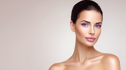 Beautiful woman with flawless skin and vibrant makeup, showcasing artistic eye makeup with purple accents, posing against a soft gradient background, emphasizing beauty and elegance