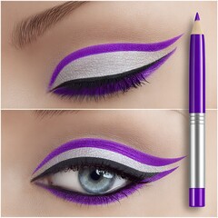 Close-up of a beautifully styled eye makeup featuring bold purple and silver eyeliner, showcasing artistic design and vibrant colors, perfect for beauty enthusiasts and makeup artists