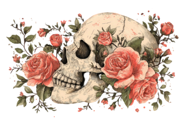 Detailed Skull with Coral Roses and Green Leaves on Transparent Background