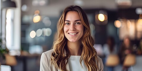 Obraz premium Happy woman looking at camera in corporate office environment with bright lighting