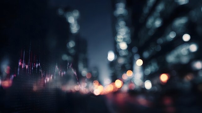 Financial market data and charts are superimposed on a blurred atmospheric urban cityscape at night showcasing economic trends