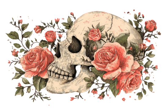 Detailed Skull with Coral Roses and Green Leaves on Transparent Background