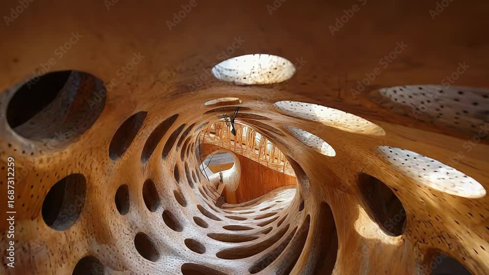 Poster wooden organic architectural structure creating tunnel effect with sunlight filtering through