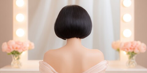 Elegant woman with sleek bob hairstyle, wearing soft off-shoulder dress, gazes into mirror surrounded by soft lighting and delicate flowers, embodying beauty and grace in a serene setting
