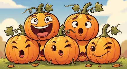 Friendly cartoon pumpkins with various happy and playful expressions for Halloween fun and autumn joy