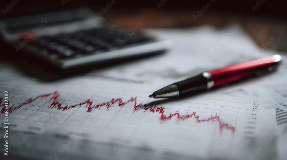 Poster a red pen rests on a financial chart with a calculator in the background symbolizing market analysis
