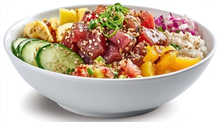 Delicious Tuna Poke Bowl with Mango and Vegetables on White
