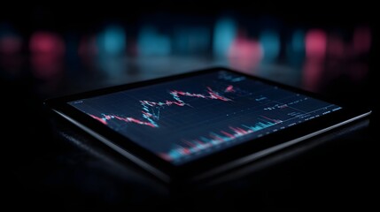 A tablet displays a dynamic financial trading chart illuminated by blurred neon lights in a modern digital environment