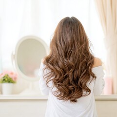Young woman with long, wavy hair is sitting at a vanity, gazing into a mirror, surrounded by soft natural light and decorative elements, creating a serene beauty atmosphere