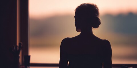 Silhouette of a contemplative woman gazing out of a window, with soft natural light illuminating the scene, creating a serene and introspective atmosphere