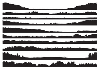 Obraz premium Collection of diverse silhouetted natural landscapes varying in tree types and terrain features white background