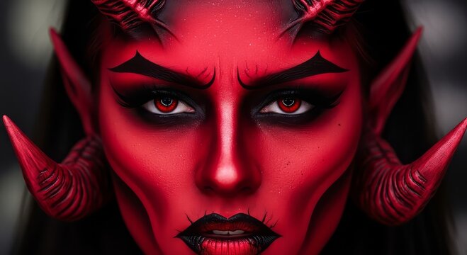Intense red-skinned demon with piercing eyes and horns, perfect for fantasy or horror concepts - Powered by Adobe