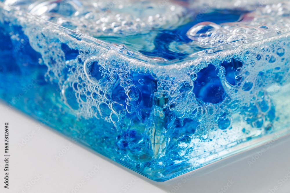 Poster blue liquid with bubbles in a clear square container on a white background