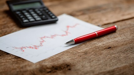 A red pen lies on a financial chart next to a calculator on a wooden desk