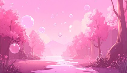 Pastel pink forest scene with bubbles