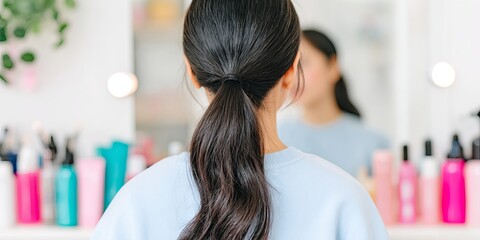 Young woman with long black hair in a ponytail is standing in front of a mirror, surrounded by colorful hair care products, showcasing beauty and self-care routines