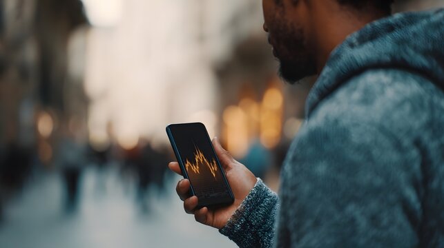 Man checks financial market data on a smartphone while walking through a blurred city street - Powered by Adobe