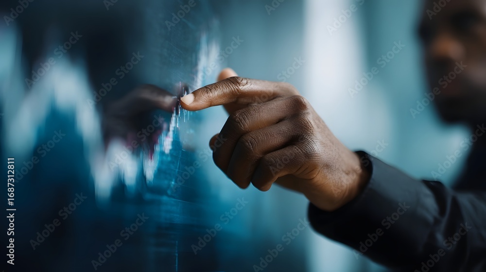 Poster close up of a hand pointing at a financial graph on a digital screen